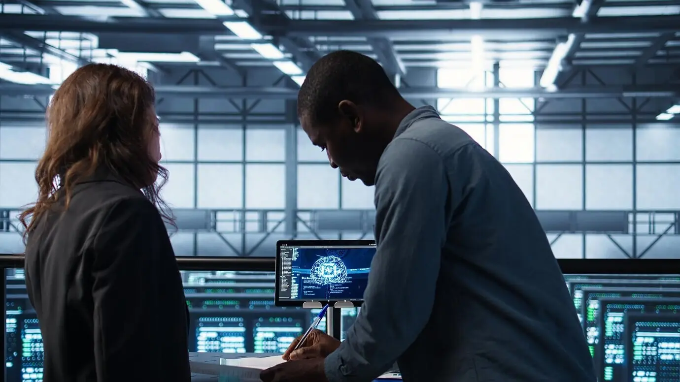 Менеджер встречается с клиентом в дата-центре, чтобы просмотреть файлы, и они пожимают друг другу руки.