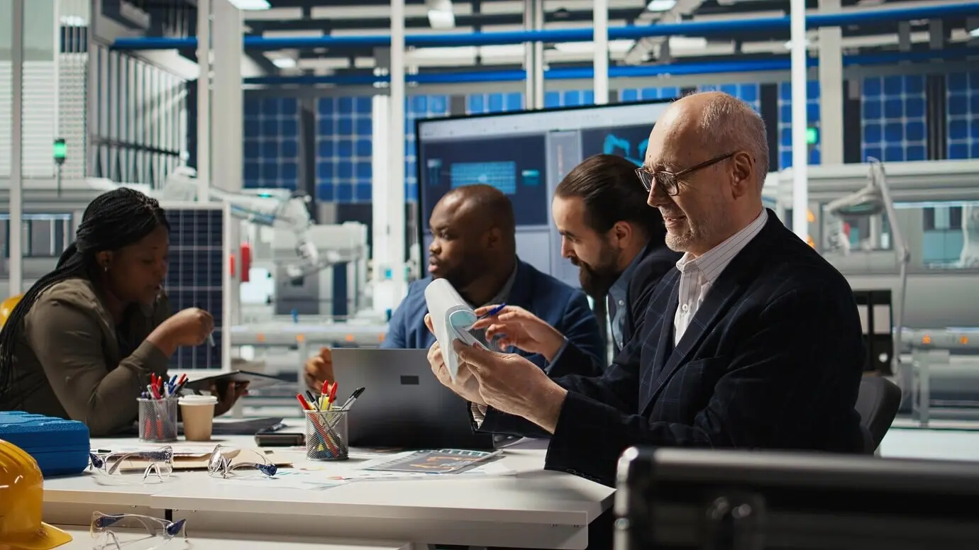 Команда отдела устойчивого развития составляет отчёты о выбросах завода по производству солнечных панелей.