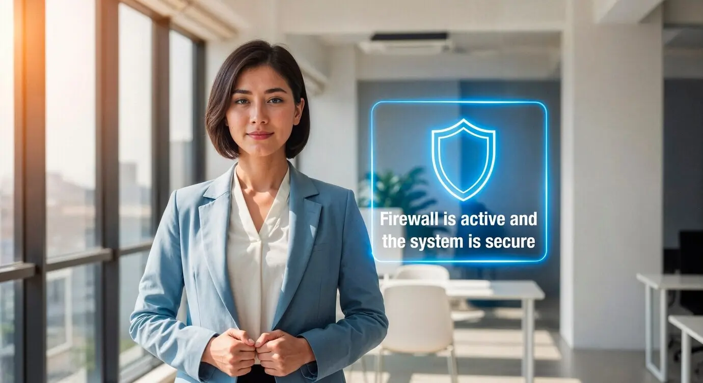 Специалист по кибербезопасности демонстрирует статус безопасности брандмауэра.